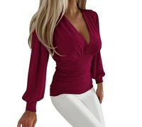 Womens Blouses Elegant Sexy Ladies Tops Patchwork Shirts Elastic Mesh Puff Long Sleeve V Neck T Shirts Slim Fit Womens Dressy Tops Black Tunic Beauty Uniform Shiny Sequin Shirts For Party Clubwear