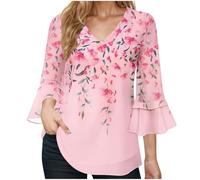 Womens Blouses Ruffle 3/4 Sleeve Tunic Tops Loose Flowy V Neck T-Shirts Floral Shirts Chiffon Dressy Tops Lightweight Casual Swing Curve T Shirt Summer Tees Plus Size for Vacation Daily Office