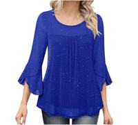 Womens Blouses Ruffle 3/4 Sleeve Tunic Tops Sparkly Flowy Mesh Pleated Blouse Top Ladies Glitter T Shirt Baggy Tees Summer Chiffon Blouses Elegant Wedding Guest Work Office Bloue Top