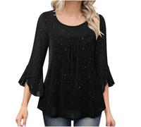 Womens Blouses Ruffle 3/4 Sleeve Tunic Tops Sparkly Flowy Mesh Pleated Blouse Top Ladies Glitter T Shirt Baggy Tees Summer Chiffon Blouses Elegant Wedding Guest Work Office Bloue Top