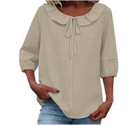 Womens Blouses Ruffle Peter Pan Collar Ladies T Shirts Tie Neck 3/4 Sleeve Tops Soft Breathable Blouse Loose Fit Casual Summer Top for Women Office Weekend Outings Khaki XXL
