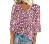 Women's Blouses & Shirts 3/4 Sleeve Tshirt UK Clearance Summer Floral Printed Tshirt Women Casual Loose Tunic Tops V Neck Blouse Shirts Comfortable Lightweight Tee Tops Party Club Daily Wear