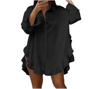 Women's Blouses & Shirts Clearance,Ladies Ruffle Hem Long Sleeve Solid Color Lapel Button-up Tshirt Casual Loose Elegant Party Tunic Tops Spring Summer Trendy Tees Clothes Today's Deals UK Size 8-16