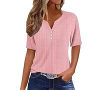 Women's Blouses & Shirts Clearance Plain V Neck T Shirts Summer Short Sleeves Tunic Tops Casual Baggy Elegant Tshirts Button Solid Color Loose Tee Shirts Ladies Blouses Pink