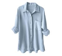 Women's Blouses & Shirts Cotton Oversized Shirts Long Sleeve Roll-up Loose Fit Casual Shirt with Pockets Solid Color Buttoned Muslin Blouse Plain Women's Blouse Suit Linen Clothing for (Sky Blue, XXL)