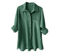 Women's Blouses & Shirts Cotton Oversized Shirts Long Sleeve Roll-up Loose Fit Casual Shirt with Pockets Solid Color Buttoned Muslin Blouse Plain Women's Blouse Suit Linen Clothing for (Dark Green, L)