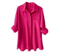 Women's Blouses & Shirts Cotton Oversized Shirts Long Sleeve Roll-up Loose Fit Casual Shirt with Pockets Solid Color Buttoned Muslin Blouse Plain Women's Blouse Suit Linen Clothing for Daily (S)