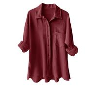 Women's Blouses & Shirts Cotton Oversized Shirts Long Sleeve Roll-up Loose Fit Casual Shirt with Pockets Solid Color Buttoned Muslin Blouse Plain Women's Blouse Suit Linen Clothing for Daily (XXL)