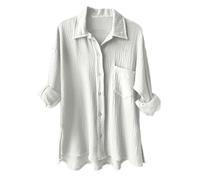 Women's Blouses & Shirts Cotton Oversized Shirts Long Sleeve Roll-up Loose Fit Casual Shirt with Pockets Solid Color Buttoned Muslin Blouse Plain Women's Blouse Suit Linen Clothing for (White, L)