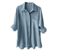 Women's Blouses & Shirts Cotton Oversized Shirts Long Sleeve Roll-up Loose Fit Casual Shirt with Pockets Solid Color Buttoned Muslin Blouse Plain Women's Blouse Suit Linen Clothing for Daily (Blue, L)