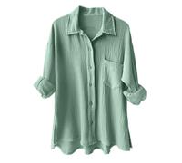 Women's Blouses & Shirts Cotton Oversized Shirts Long Sleeve Roll-up Loose Fit Casual Shirt with Pockets Solid Color Buttoned Muslin Blouse Plain Women's Blouse Suit Linen Clothing (Mint Green, XL)