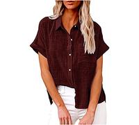 Women's Blouses & Shirts Short Sleeve Linen Tops for Women UK Plus Size Button Down Cotton Linen Shirts Lapel Solid Dressy Tops Loose Tunic Tops Summer Oversized Tees Office Work Shirt