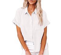 Women's Blouses & Shirts Short Sleeve Linen Tops for Women UK Plus Size Button Down Cotton Linen Shirts Lapel Solid Dressy Tops Loose Tunic Tops Summer Oversized Tees Office Work Shirt