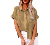 Women's Blouses & Shirts Short Sleeve Linen Tops for Women UK Plus Size Button Down Cotton Linen Shirts Lapel Solid Dressy Tops Loose Tunic Tops Summer Oversized Tees Office Work Shirt