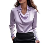 Women's Blouses Shirts Silk Satin Shirt Cowl Neck Ruched Front Draped Top Fitted Long Sleeve Collar for Women UK Elegant Smart Formal Office Work Wear Ladies Tops Button Down V-Neck Loose