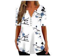 Women's Blouses & Shirts UK Clearance,Ladies Button V Neck Henley Shirt Elegant Short Sleeve Floral T Shirts Summer Boho Loose Tee Shirt Going Out Floaty Blouse Dressy Longline Tunic Tops Navy