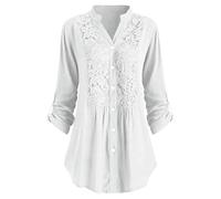 Women's Blouses & Shirts UK Plus Size 22,3/4 Sleeve Lace Tops Ladies Button Down V Neck Henley Shirts Elegant Summer Loose Tee Shirt Floaty Blouse Dressy Longline Tunic Tops for Leggings White