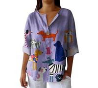 Women's Blouses & Shirts V Neck Comfy Linen Tops Plain Plus Size Office Tshirt 2026 Ladies' Fashion Printed Single Button Long Sleeve Top (01-B-Purple, XXXXXXL)