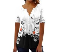 Women's Blouses & Shirts V Neck Pleated Tunic Tops Button Down Blouses Short Sleeve Shirts for Leggings Ladies Flowy Casual Summer Going Out Shirt Tees for Holiday Size 18