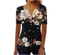 Women's Blouses & Shirts V Neck Pleated Tunic Tops Button Down Blouses Short Sleeve Shirts for Leggings Ladies Flowy Casual Summer Going Out Shirt Tees for Holiday Size 16