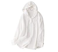 Women'S Blouses & Shirts,Women'S Casual Cotton Linen Hooded Blouse Button Down Shirt Jacket Blue Solid Hood Drawstring Stylish Shirt Long Sleeve Lightweight Blouse Work Shirt Cover Up Tops,White,M