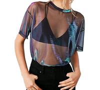 Women'S Blouses Short Sleeve Mesh Tops Sexy Slim Fit Sheer Mesh Tops Shiny Metallic T-Shirt Casual Scoop Neck Transparent Shirts Comfortable Black See-Through Shirt For Clubwear Party
