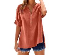Womens Blouses Short Sleeve Shirts Casual Button Down V Neck Blouse Tops Summer Cotton Solid Collared Shirt Top with Pockets Rave Musical Festival Costume Outfits Clubwear(Orange,5XL)