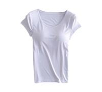 Women'S Blouses Short Sleeve Tops With Built-In Padded Bra Lightweight Plain Workout T-Shirts Solid Color Round Neck Shirts Comfortable Yoga Gym Tops Fashion Cotton Undershirts Go Out Blouse