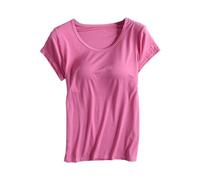 Women'S Blouses Short Sleeve Tops With Built-In Padded Bra Lightweight Plain Workout T-Shirts Solid Color Round Neck Shirts Comfortable Yoga Gym Tops Fashion Cotton Undershirts Go Out Blouse