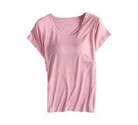 Women'S Blouses Short Sleeve Tops With Built-In Padded Bra Lightweight Plain Workout T-Shirts Solid Color Round Neck Shirts Comfortable Yoga Gym Tops Fashion Cotton Undershirts Go Out Blouse