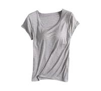 Women'S Blouses Short Sleeve Tops With Built-In Padded Bra Lightweight Plain Workout T-Shirts Solid Color Round Neck Shirts Comfortable Yoga Gym Tops Fashion Cotton Undershirts Go Out Blouse