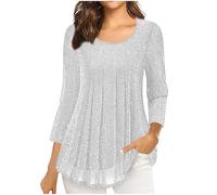 Womens Blouses Summer Casual Pleated Tunic Blouses Sequin Tops Round Neck 3/4 Sleeve Shirts Glitter Blouse Plus Size Dressy Casual Mesh Shirt Oversized Tshirts Party Wear Wedding Guest Tops