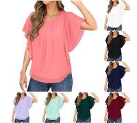 Womens Blouses Summer Pleated Bet Batwing Sleeve Top Shirts Solid Color Flowy Chiffon T-Shirts Ladies Summer Tees Round Neck Tunic Tops Dressy Casual Tops for Vacation Daily Office
