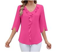 Womens Blouses Summer Ruffle V Neck Shirts Solid Color Flowy T-Shirts Elegant Ladies Summer Tees Swing 3/4 Sleeve Tunic Tops Holiday Dressy Casual Tops for Vacation Daily Office Hot Pink