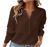 Womens Blouses V Neck Loose Casual Shirts Long Sleeve Tops Half Button Henley Shirt Ladies Elegant Office Work Blouse Casual Loose Solid Color Tee Shirt Basic Blouse Tshirts with Front Pockets Coffee
