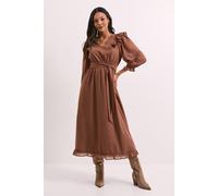 Womens Blouson Sleeve Frill Midi Dress Mocha 10