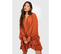 Womens Blouson Sleeve Ruffle Smock Dress - Brown - 10, Brown