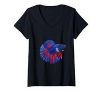 Women's Blue Betta Fish Graphic Tropical Aquarium Art V-Neck T-Shirt