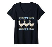 Women's Blue Bow Goose Trio Watercolor Winter Garland Graphic V-Neck T-Shirt