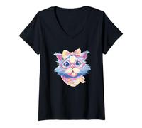 Women's Blue Cat Portrait Cat Lover Graphic Pink Glasses Pastel V-Neck T-Shirt