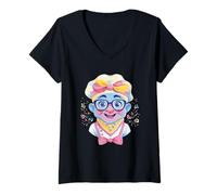 Women's Blue Chef Kawaii Bakery Portrait Graphic Character Pink V-Neck T-Shirt