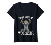 Women's Blue Collar Worker Raccoon Working Class Funny V-Neck T-Shirt