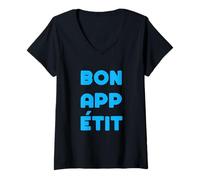 Womens Blue Color Bon App Etit Blue Graphic V-Neck T-Shirt