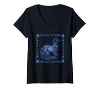 Womens Blue Delft Ferret Porcelain Pattern V-Neck T-Shirt