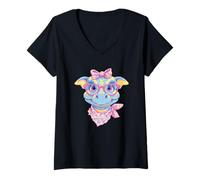 Women's Blue Dinosaur Floral Portrait Graphic Pink Glasses Bow Sweet V-Neck T-Shirt