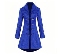 Women's Blue Embroidered Double Breasted Coat High Collar Midi Outerwear, Victorian Steampunk Style Halloween Jacket UK