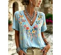 Women's Blue Floral Butterfly Embroidered V-Neck Tee, Casual Short Sleeve Summer Top
