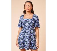 Womens Blue Floral Seamed Bodice Angel Sleeve Mini Dress Floral 10