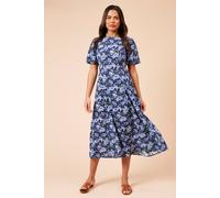 Womens Blue Floral Seamed Body Puff Sleeve Midi Dress Floral 14