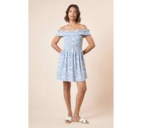 Womens Blue Floral Shirred Bodice Bardot Jersey Mini Dress Floral 14